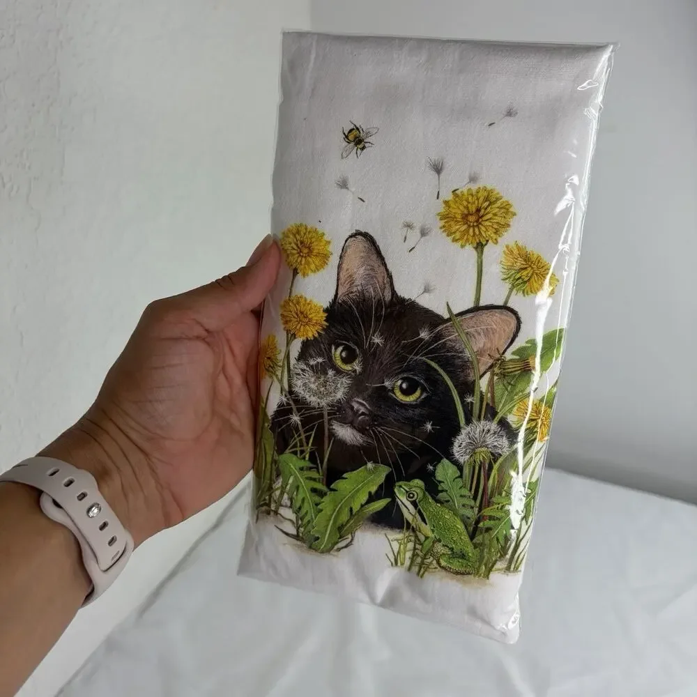 Mary Lake Thompson flour sack kitchen towel black cat outdoor, New, 30in x 30in